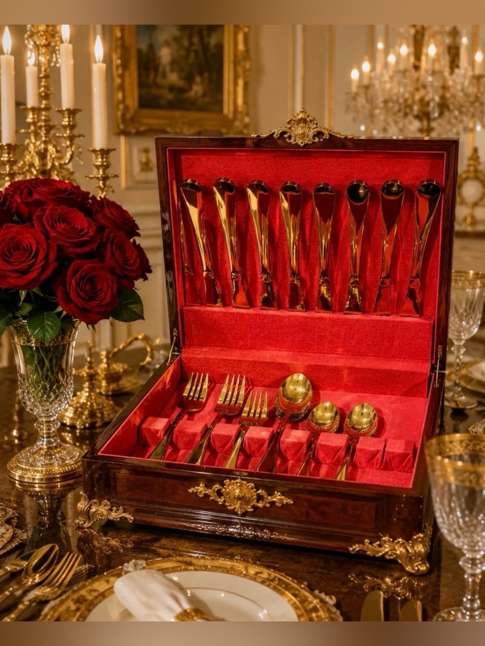 Original Vintage Gold Golden Flatware Silverware Fine Art Utensils Service for 8